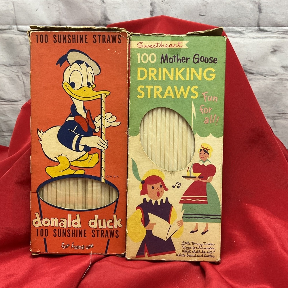 100 Boxed 50 Vintage Plastic Drinking Sunshine Straws Donald Duck & Mother Goose